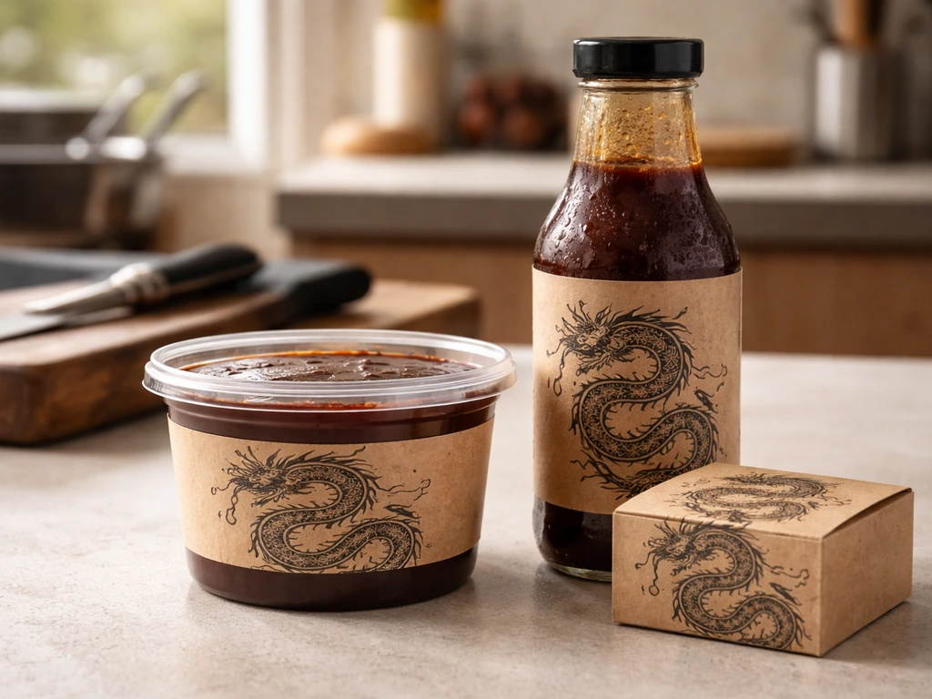 BBQ sauce-themed product packaging on a simple kitchen counter, suggesting a BBQ brand entity