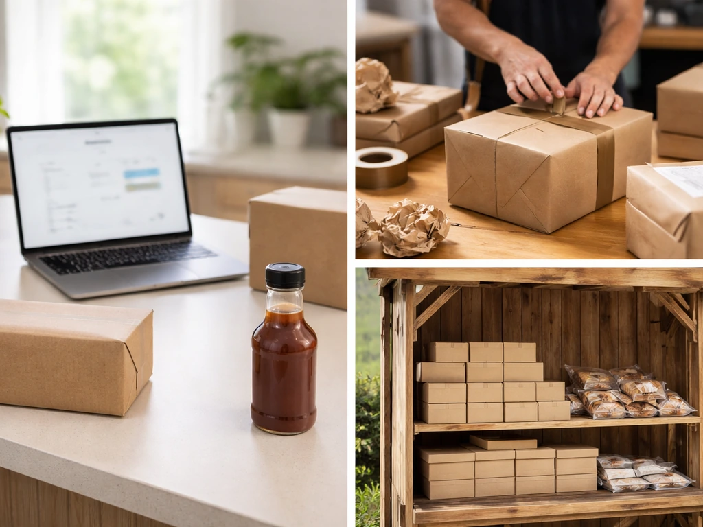 Minimal split-scene showing an online storefront, shipped BBQ boxes, and a retail market display