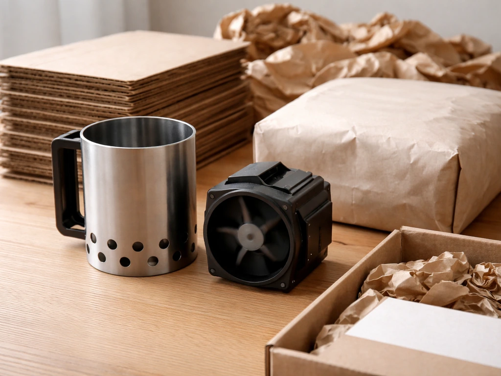 Close-up of physical product components beside packaging and shipping materials showing cost-driven shrinkage