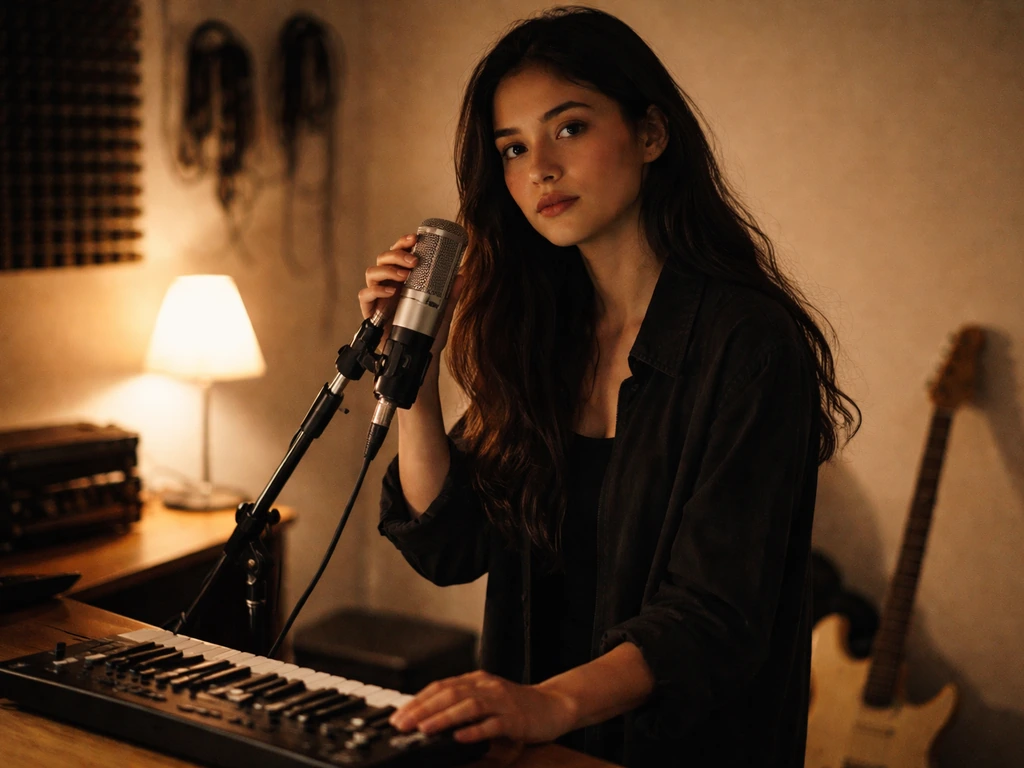 Indie singer-songwriter in a dim New Jersey studio, holding a mic near an unplugged keyboard