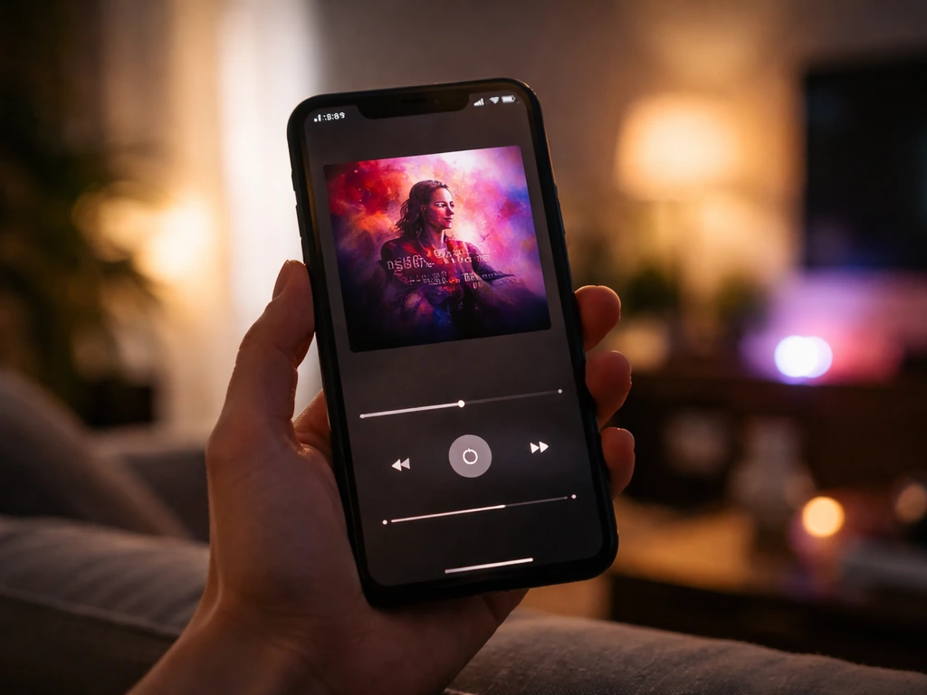 Smartphone showing music streaming playback with album art for “Royal and the Serpent,” royalty-themed lighting.