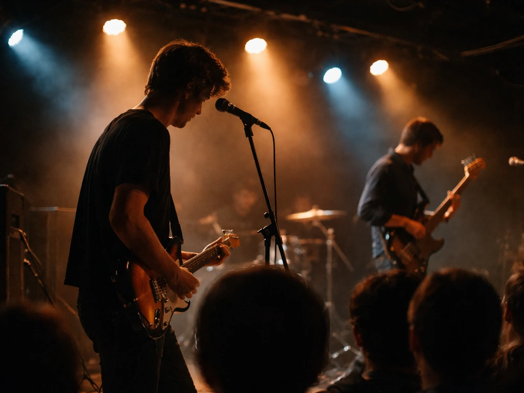 Musician plays guitar at a mic on a concert stage with warm lights and a blurred crowd.