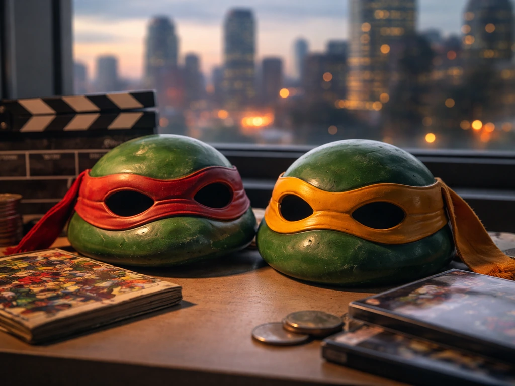 Green ninja masks on a desk with comic and clapperboard, city skyline backdrop suggesting franchise value.