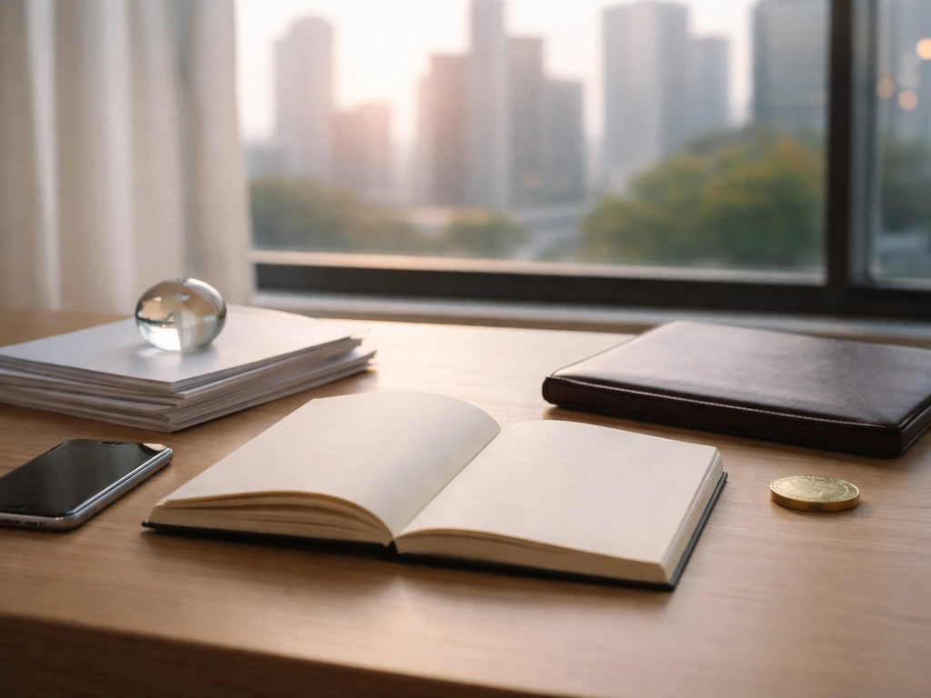 Minimal desk scene with business objects symbolizing franchise net worth estimation, no people or text.