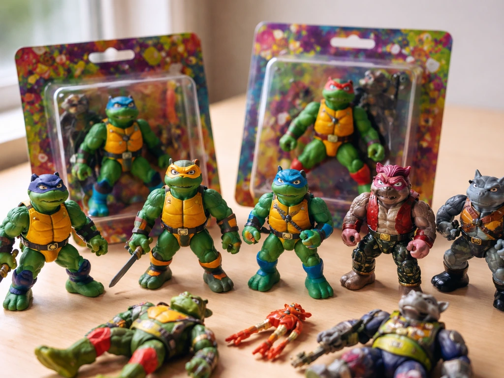 TMNT-style action figures and retail toy packages laid out on a table in natural light.