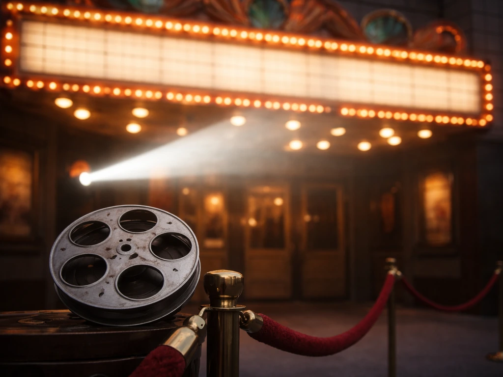 Teenage mutant ninja turtles themed theater marquee at dusk with a single film reel on a red velvet rope