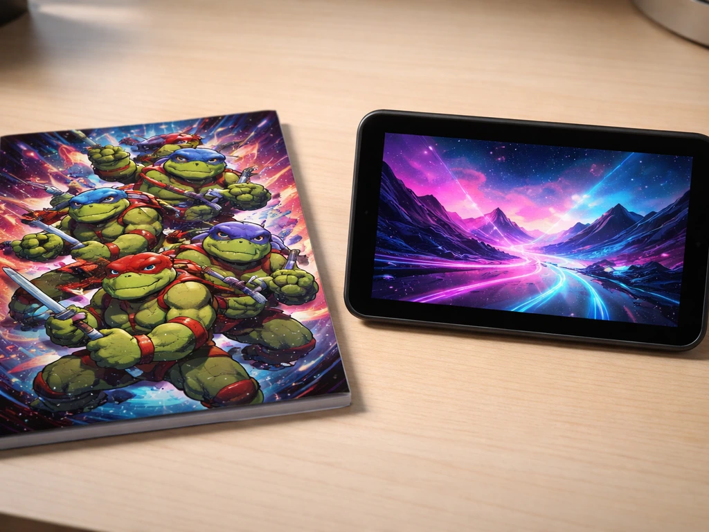 Close-up of a comic book beside a streaming tablet with colorful animation glow, on a simple desk.