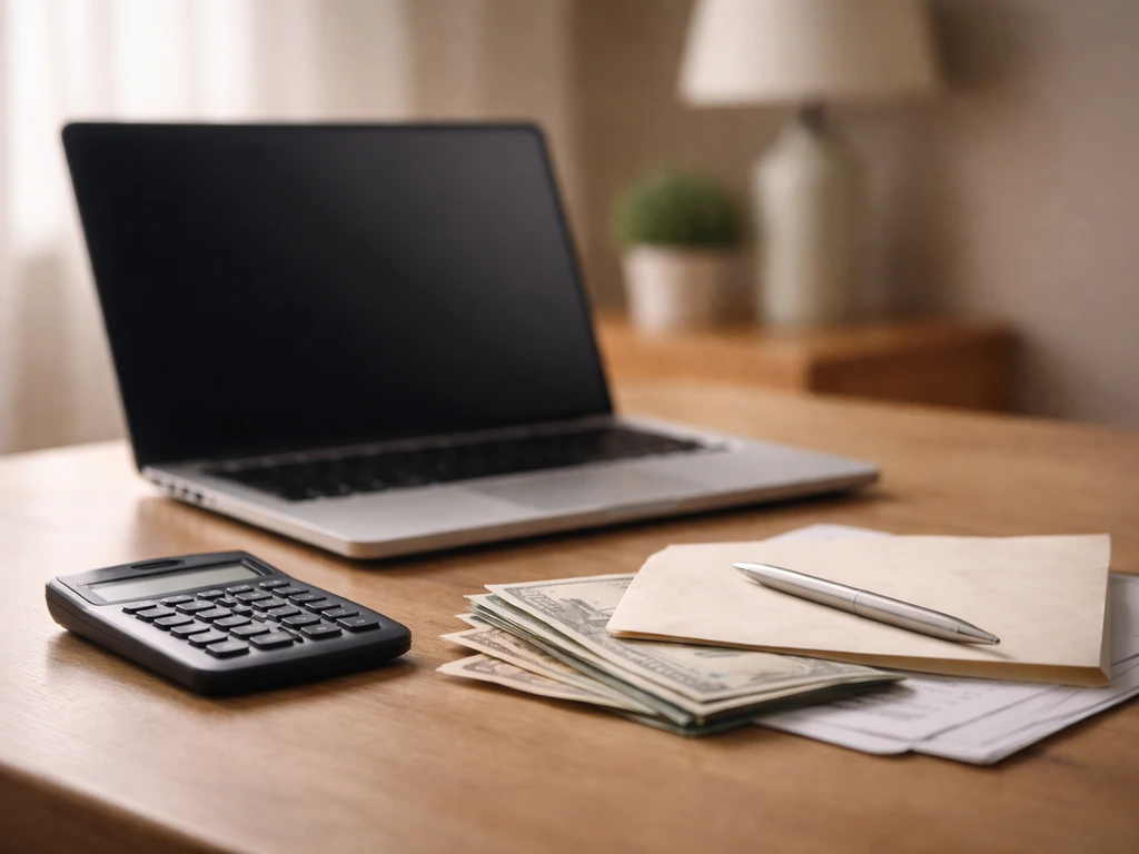 Close-up of a laptop with a calculator beside cash and a folded document, symbolizing assets minus liabilities