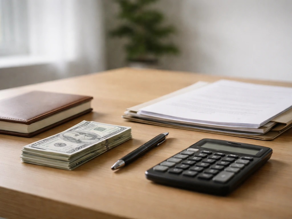 Minimal desk scene with cash, a pen, and a calculator suggesting back-solving a cash acquisition estimate.