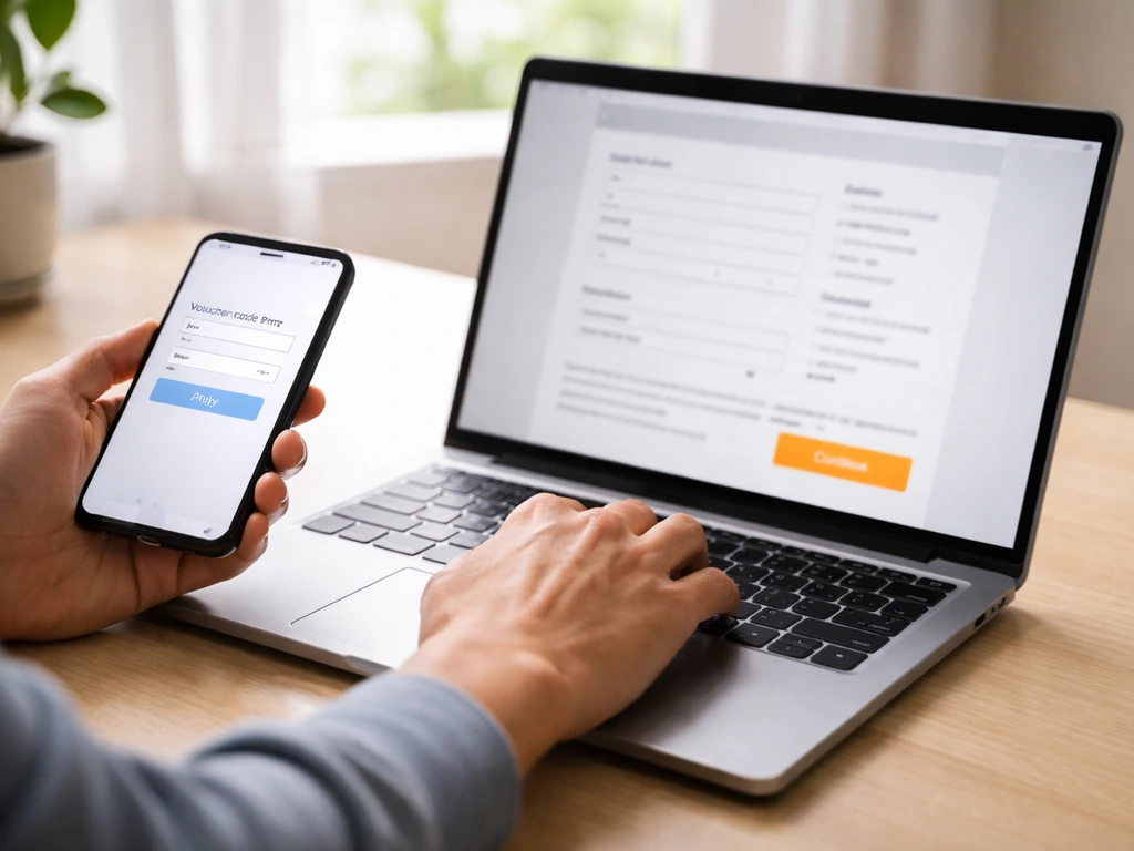 Anonymous hands entering a voucher code on a phone and proceeding to a retailer checkout on a laptop
