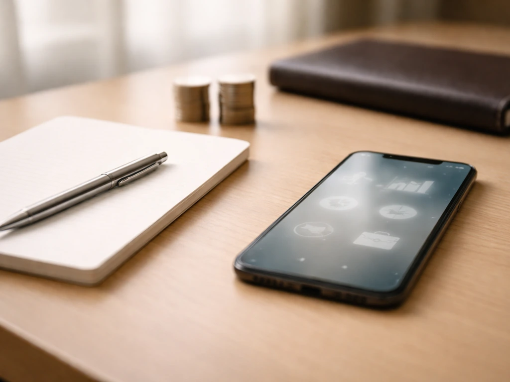 Minimal business desk with a neutral smartphone showing blurred finance icons, symbolizing comparison of fortunes