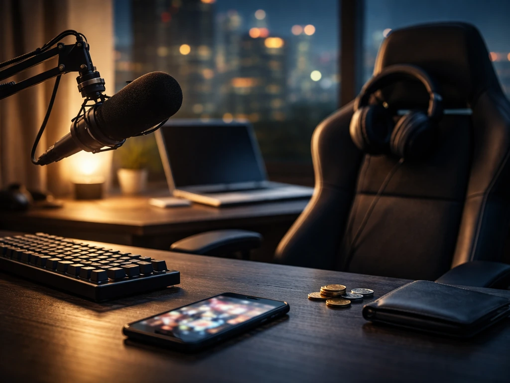 Minimal gaming studio desk with microphone, blurred phone visuals, and coins suggesting net worth and content income.