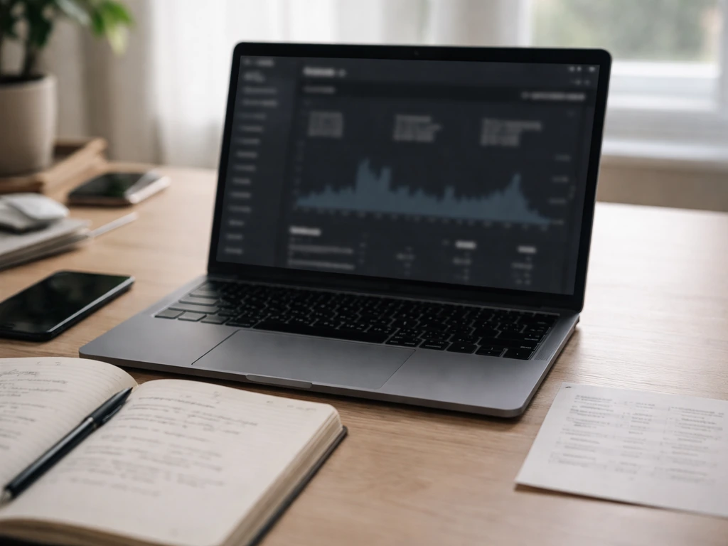 Close-up laptop and papers showing blurred YouTube analytics and a CPM-style income calculation.