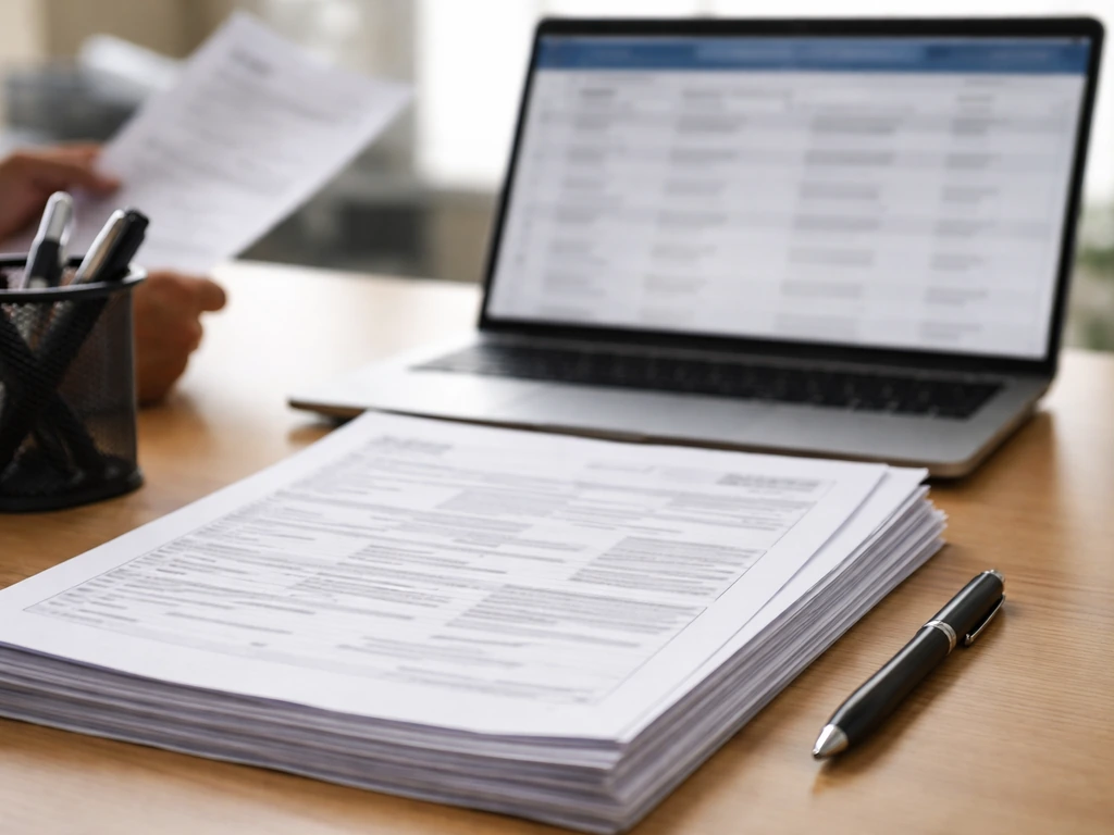 Close-up of a desk with blurred GST-style paperwork and a generic search-results table layout
