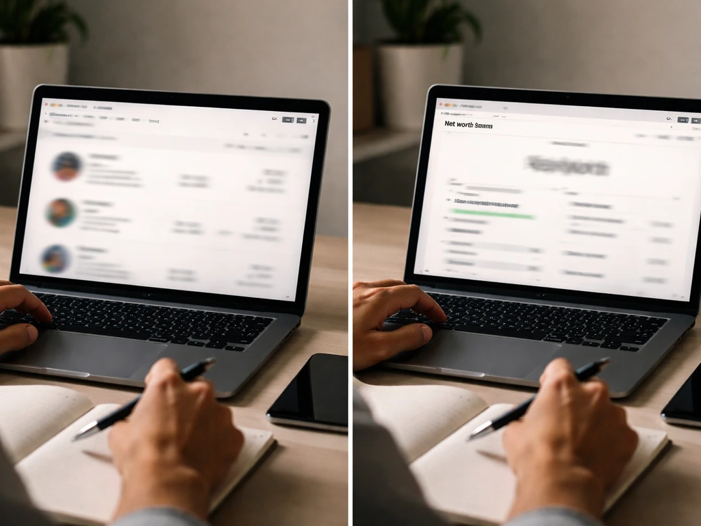 Split-screen photo showing a close-up of a laptop with YouTube-like analytics area and a mismatched generic wealth page