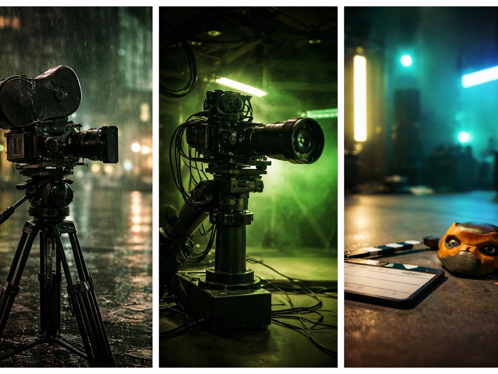 Minimal collage-style scene showing three eras of TMNT-themed live-action and CGI film production.