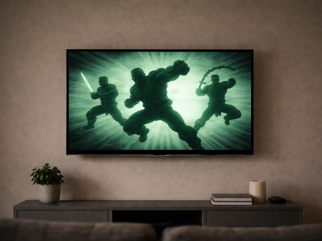 A wall TV in a quiet room displaying a generic 1980s-style animated cartoon frame.