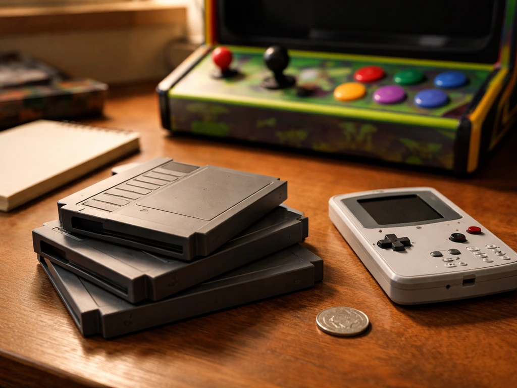 Minimal tabletop scene with retro handheld game cartridges and a small arcade-style bezel under warm light.