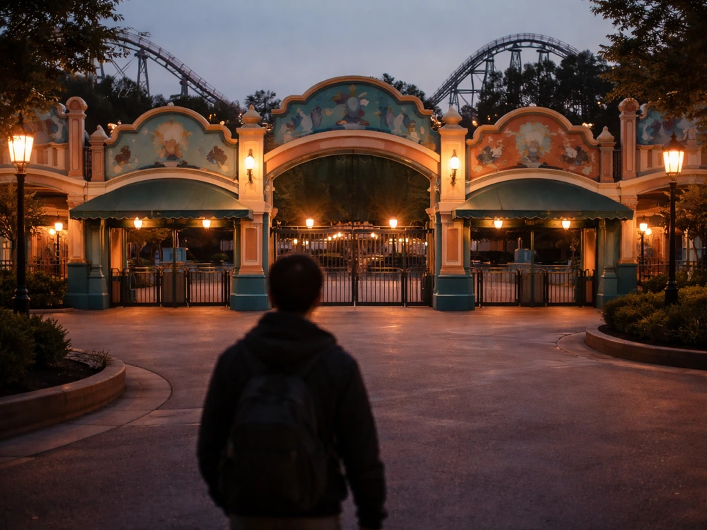 Evening theme-park entrance with colorful arches and a single passerby, symbolic of licensing rights.