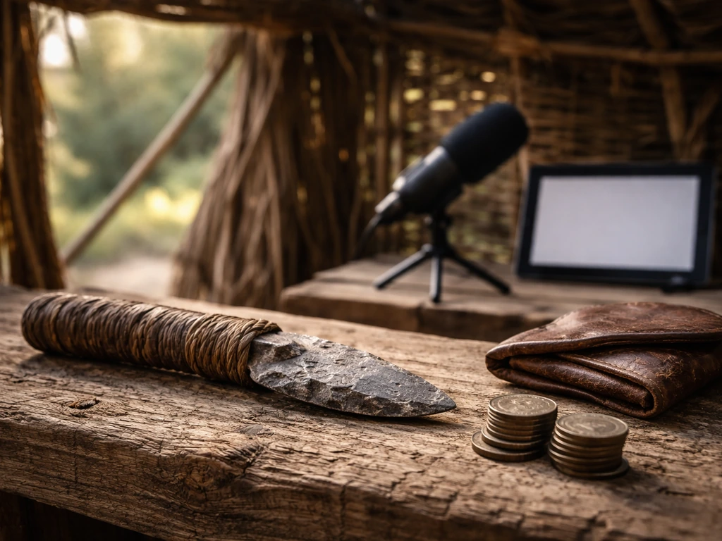 Handmade survival tool on a wooden bench with coins and a blurred podcast mic setup behind it.