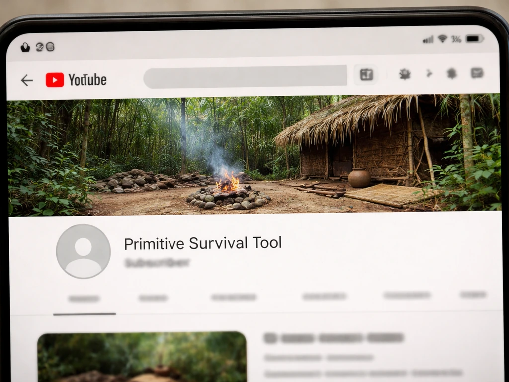 Screenshot-style photo of a YouTube channel header for Primitive Survival Tool with blurred details.