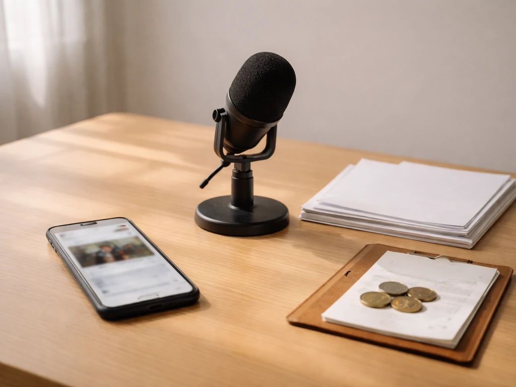 Minimal studio desk scene with a smartphone, microphone, and scattered papers suggesting revenue streams