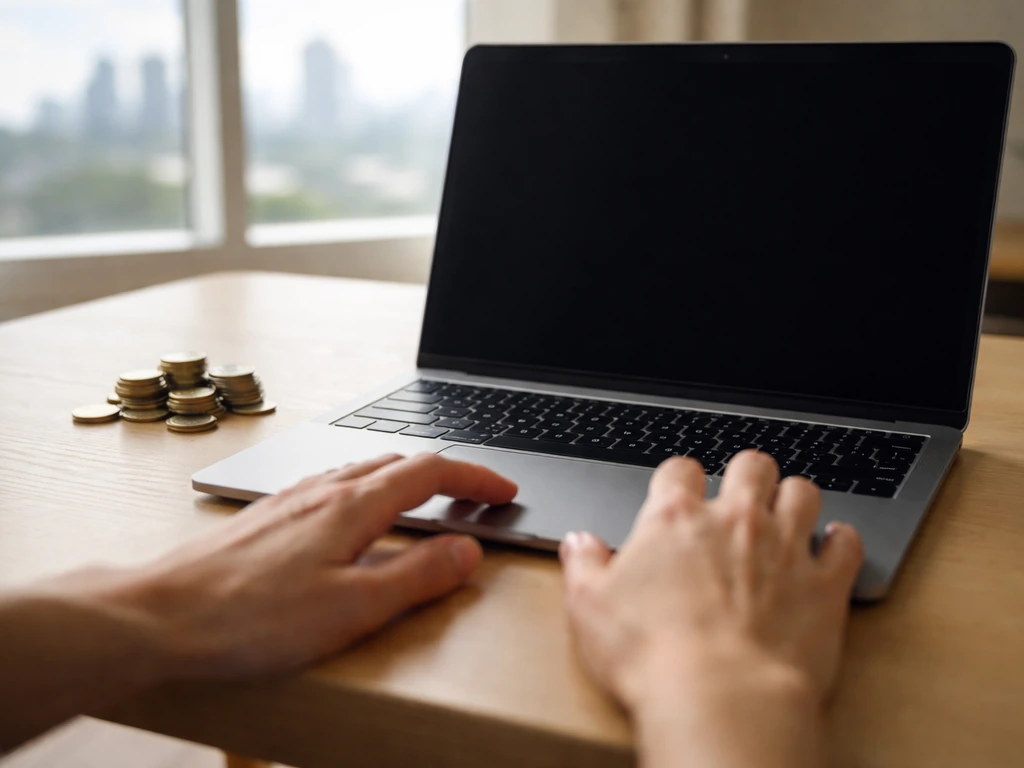 Hands over a laptop with multiple coins and a blurred city backdrop, symbolizing online media value estimates.