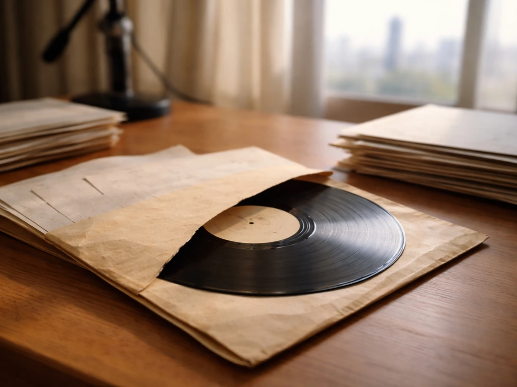 A worn vinyl record sleeve and archival papers on a desk symbolizing royalties and estate valuation.