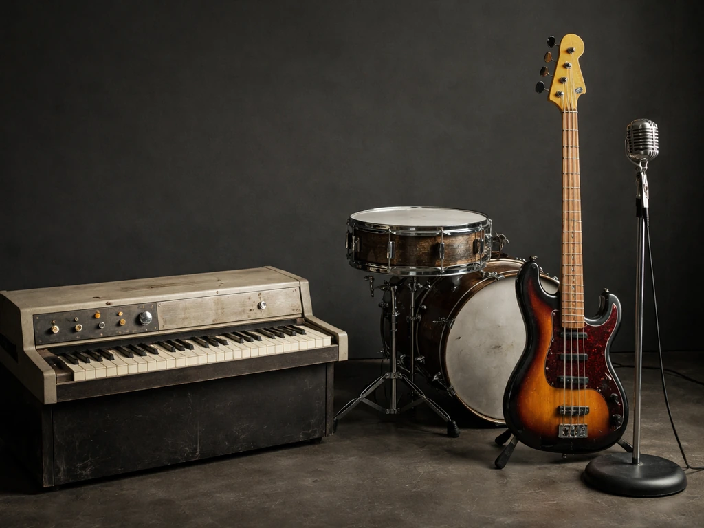 Minimal photo of four vintage musical instruments on a dark studio surface, representing a classic band lineup.
