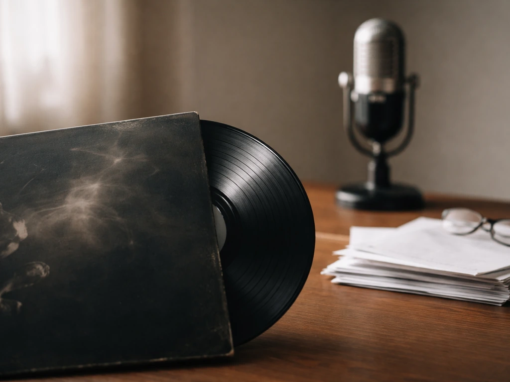 Close-up of a vinyl record sleeve with a studio mic and a blurred financial document stack in soft light