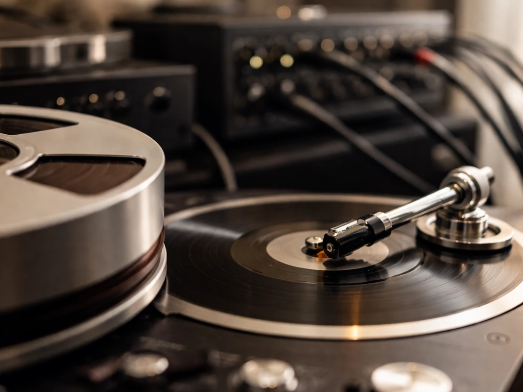 Closeup of analog-to-digital audio gear with a tape reel and stylus, suggesting master royalties.