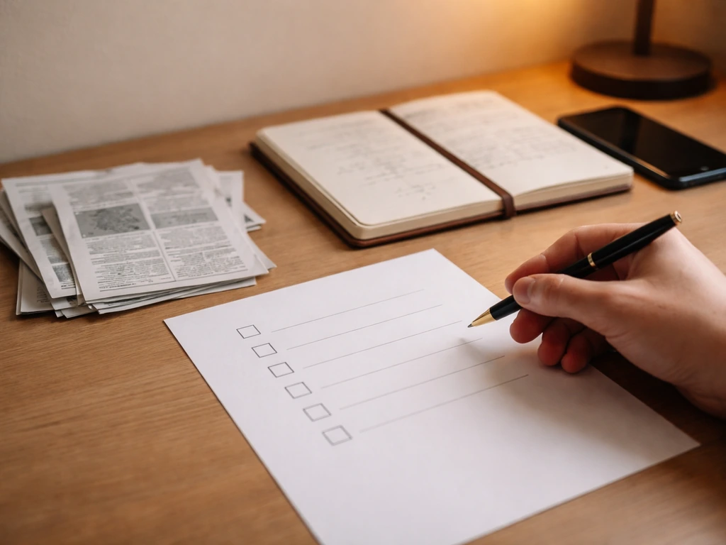 Anonymous hand with pen reviewing an unlabeled checklist beside obituary clippings and timeline notes on a desk.