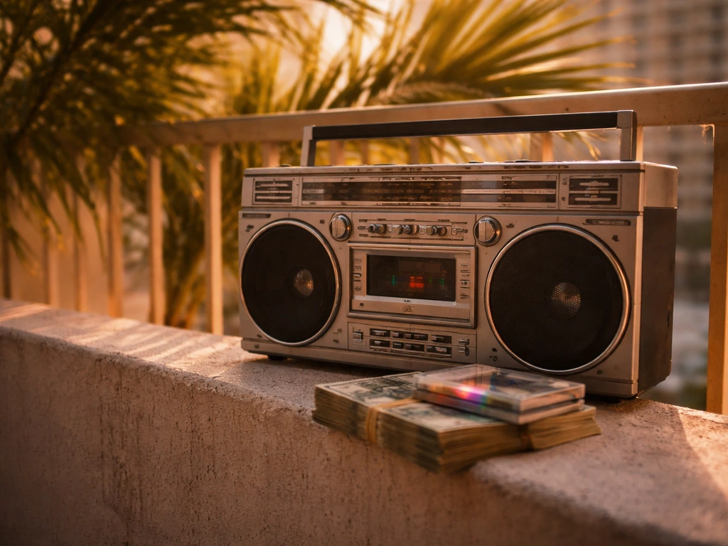 Sunlit Miami 1990s boombox and cassette beside stacked cash, evoking hip-hop and money themes without people.
