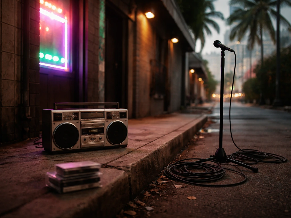 Vintage boombox and cassette tapes on a Miami sidewalk near neon glow, no people