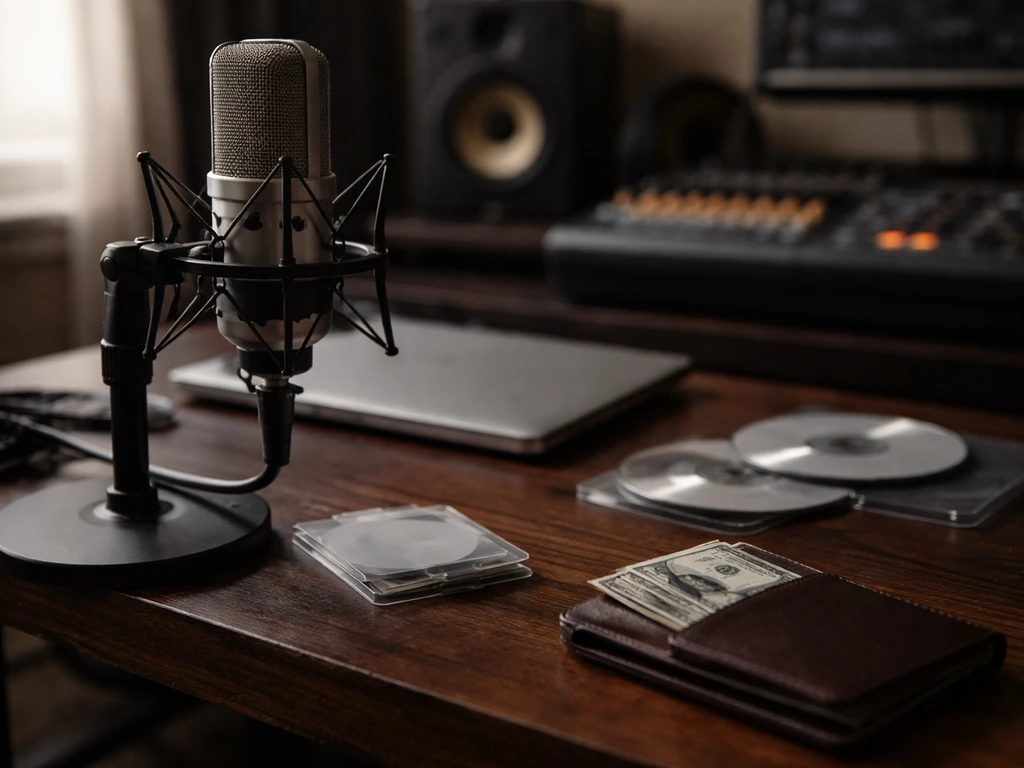 Anonymous recording studio desk with microphone and neatly stacked bills in a wallet.