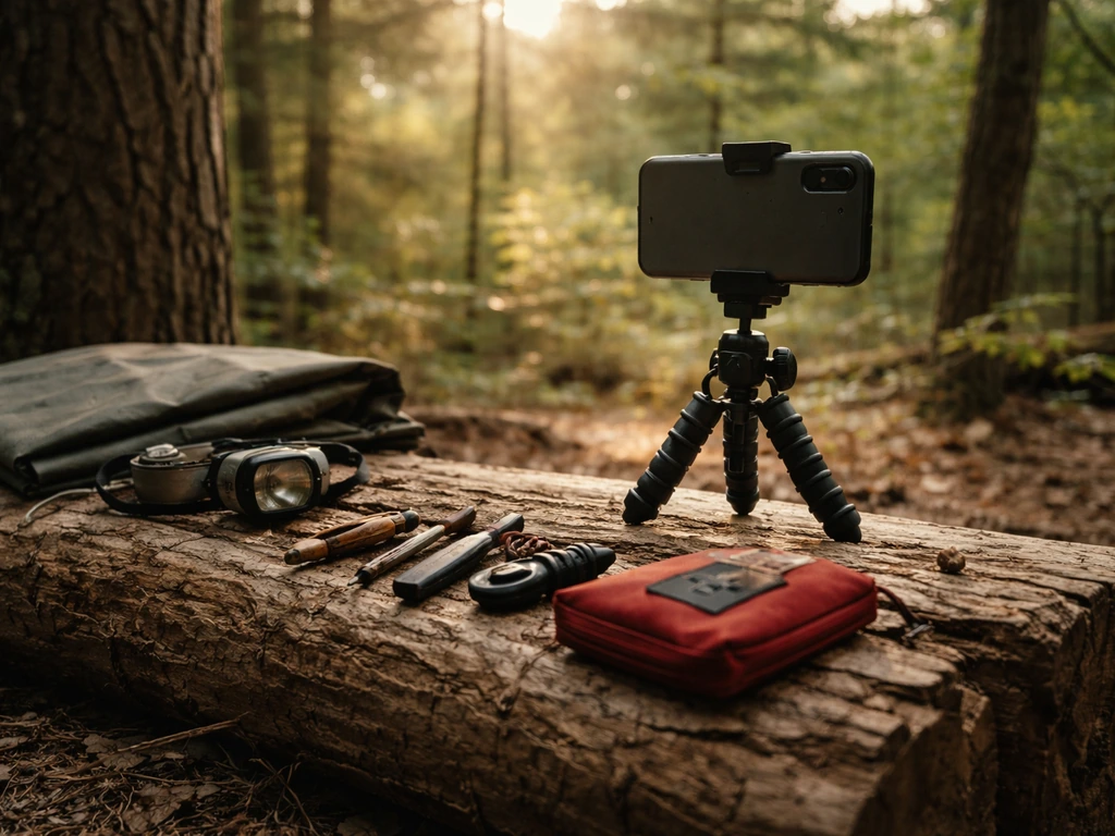 Rugged woodland survival gear with a phone on a tripod set up for recording, no people.