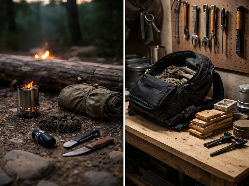 Minimal split-screen of anonymous outdoor camping gear and an indoor survival workshop bench, no people or text.
