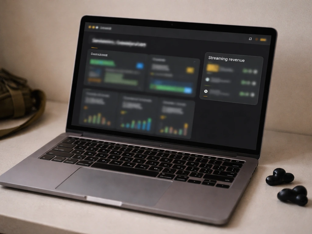 Laptop showing blurred YouTube-like analytics next to an abstract streaming metrics display for ad revenue.