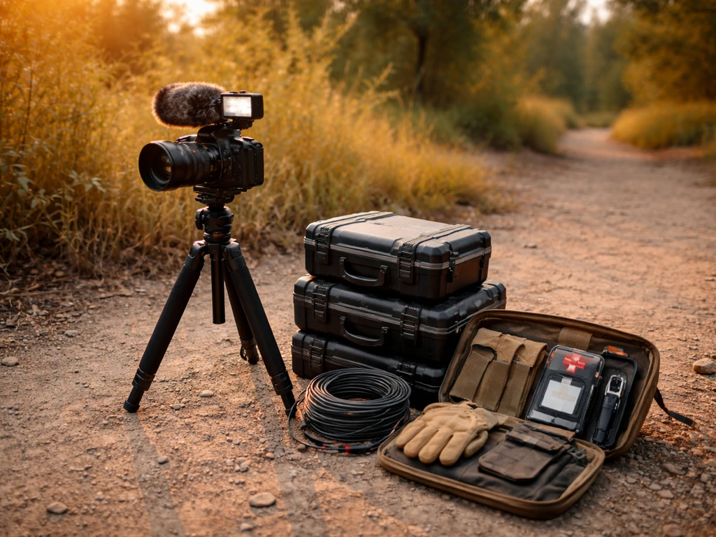 Outdoor camera rig and survival kit gear laid out beside stored media equipment, symbolizing creator expenses.