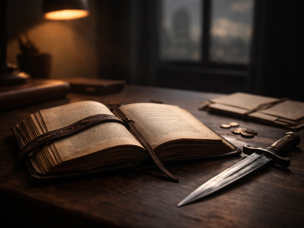 Open poetry book on a wooden desk with coins and a dagger, moody studio light, no people.
