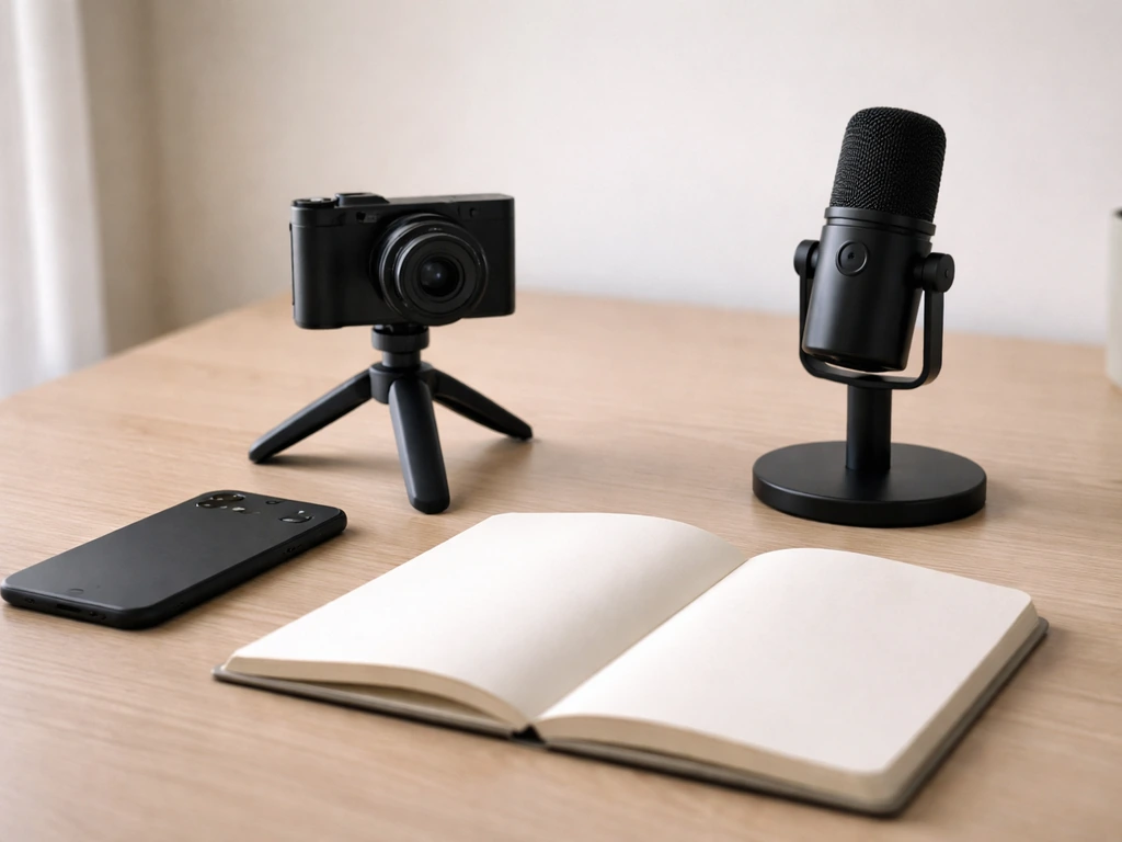 Minimal desk photo showing multiple media devices suggesting one brand ecosystem, no text or logos.