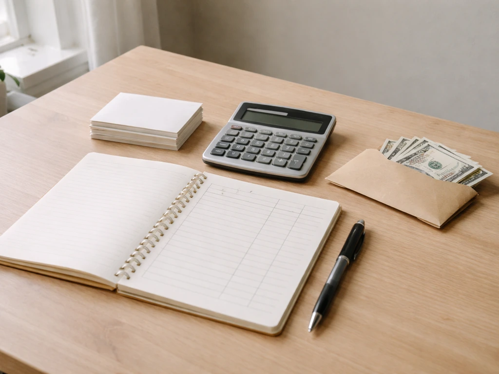 Minimal desk with a blank budgeting notebook, calculator, pen, and cash envelope by a window.