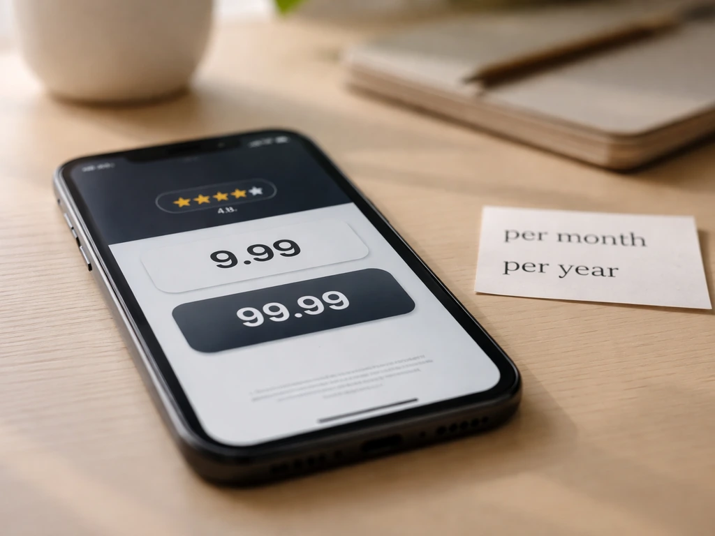 Close-up smartphone on a desk showing subscription price points and a small rating badge.