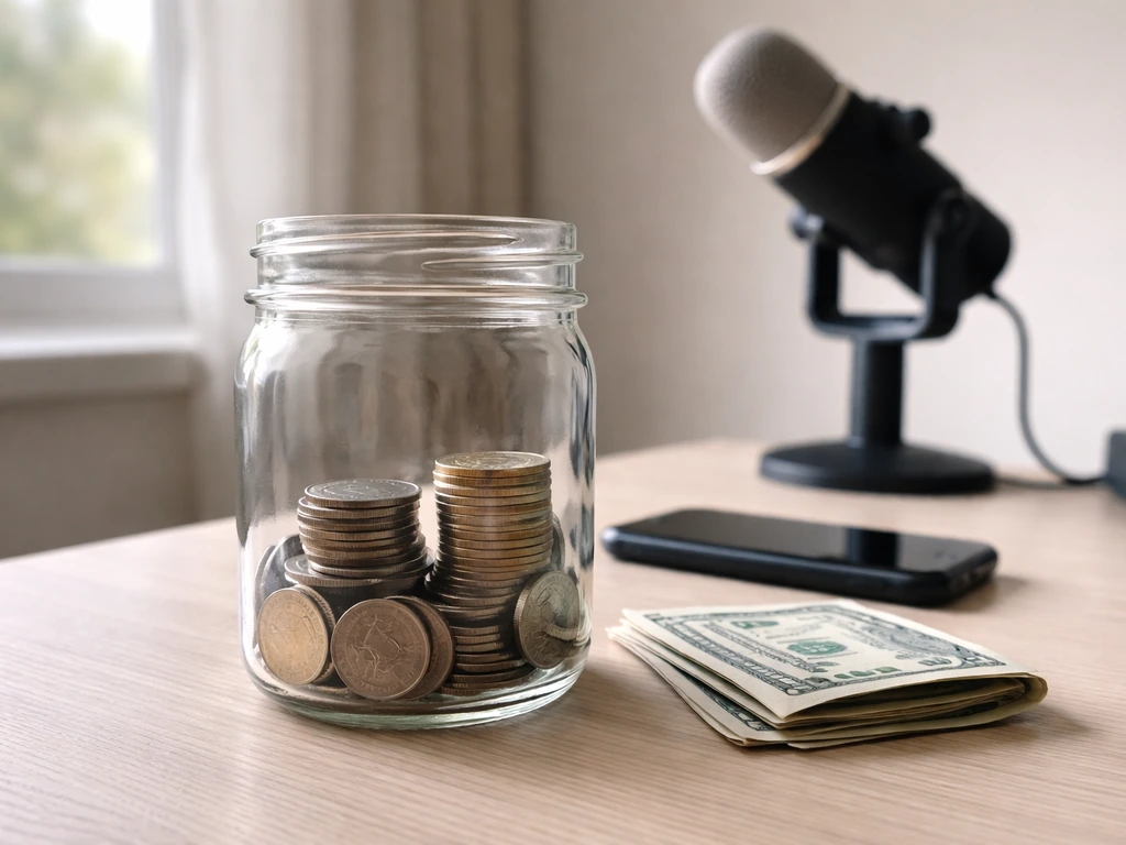 Minimal desk scene with a coin jar and cash, suggesting a conservative-to-optimistic revenue range.
