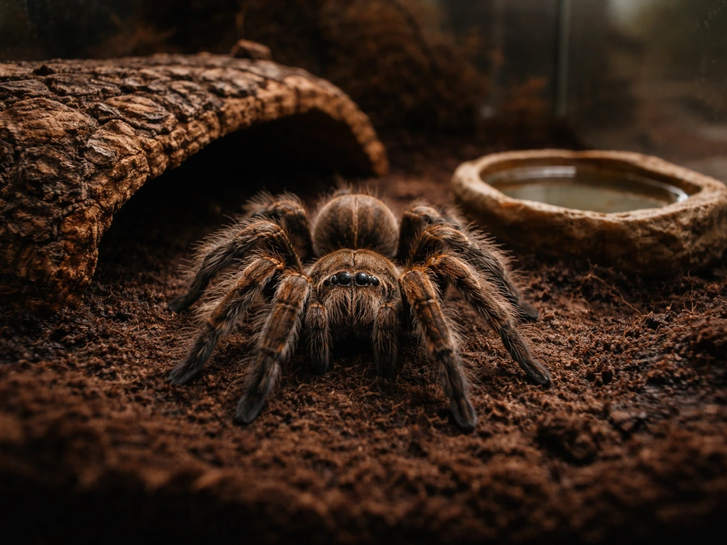 Close-up of a tarantula in a naturalistic terrarium enclosure with cork bark and substrate.