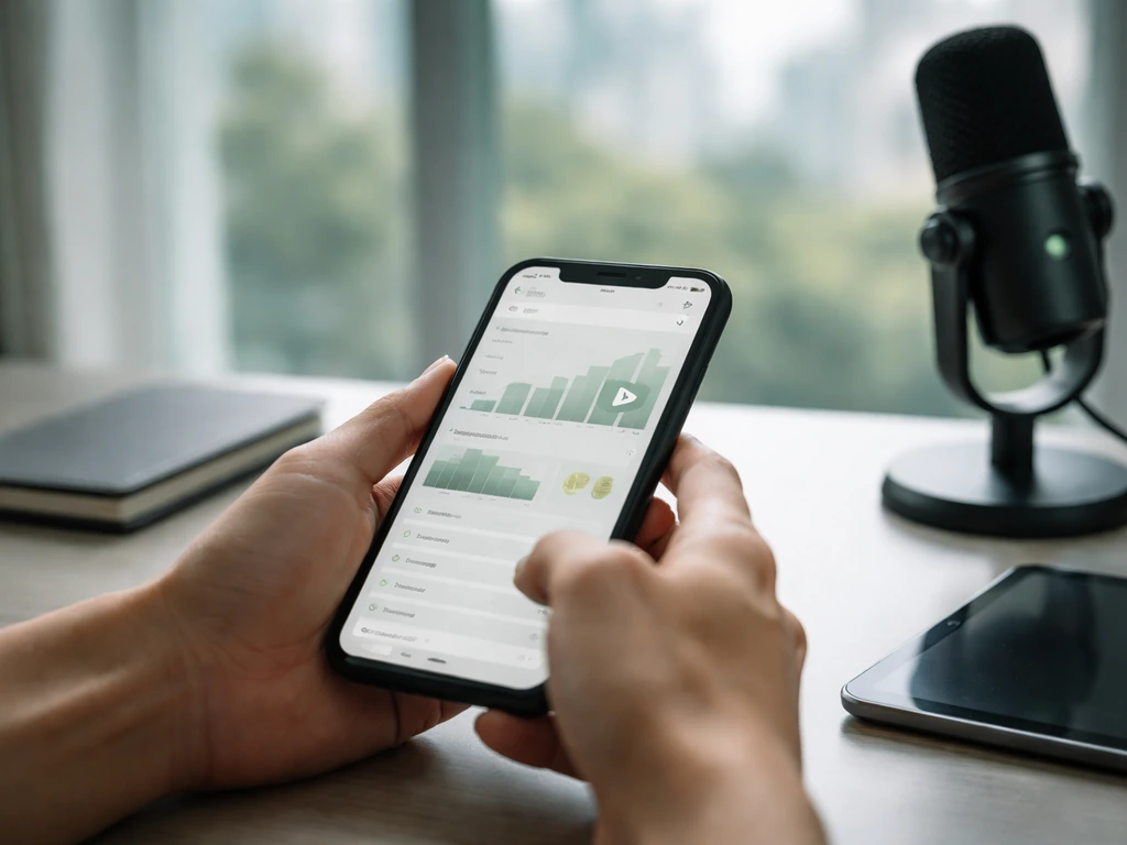 Hands using a phone and tablet with generic video analytics on a desk near a studio microphone.