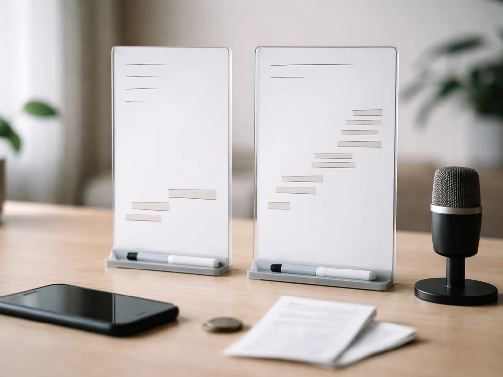 Minimal desk scene with two marker boards suggesting low vs high ranges and media/finance cues.