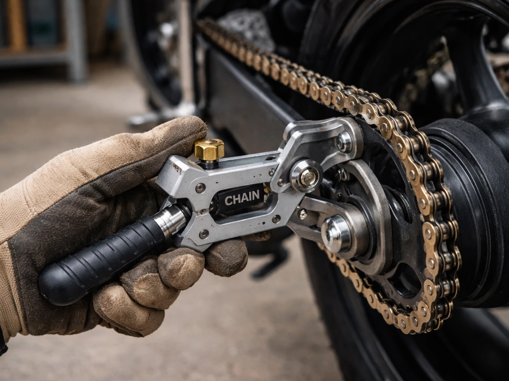 Close-up of a Chain Monkey tool tightening a motorcycle chain in a garage workshop.