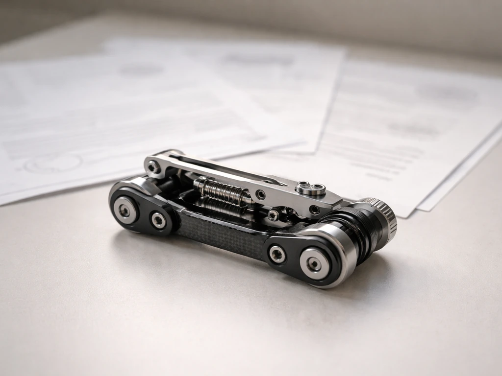 Clear close-up of a compact patented-looking tension device beside blurred patent-style paperwork cues