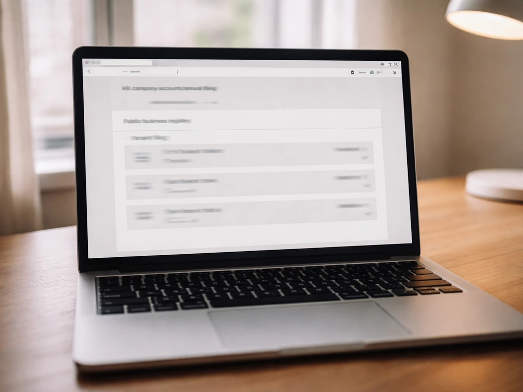 Photo of a laptop displaying a blurred annual accounts page from a public UK company registry.